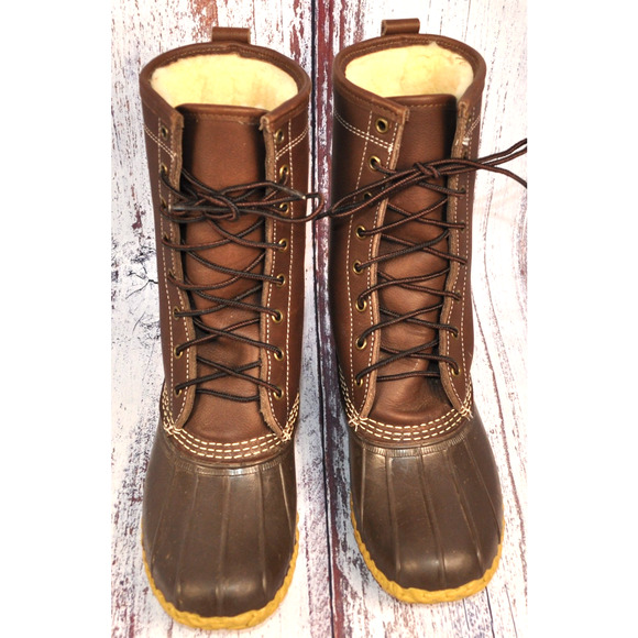 L.L Bean Shearling Lined Men's Size 7 Duck Boots Brown Lace Up MADE IN MAINE USA - Picture 2 of 9